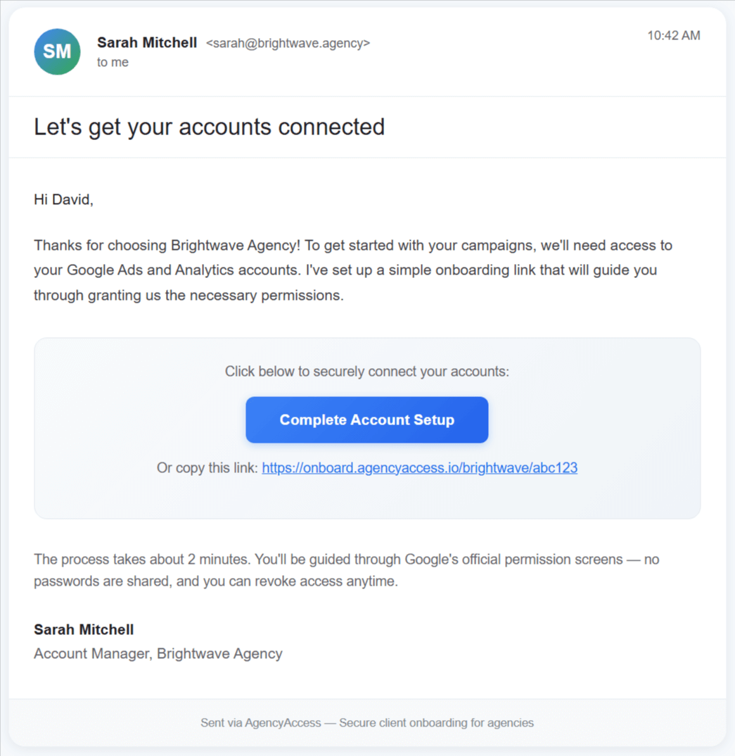 Sending Google onboarding link via email