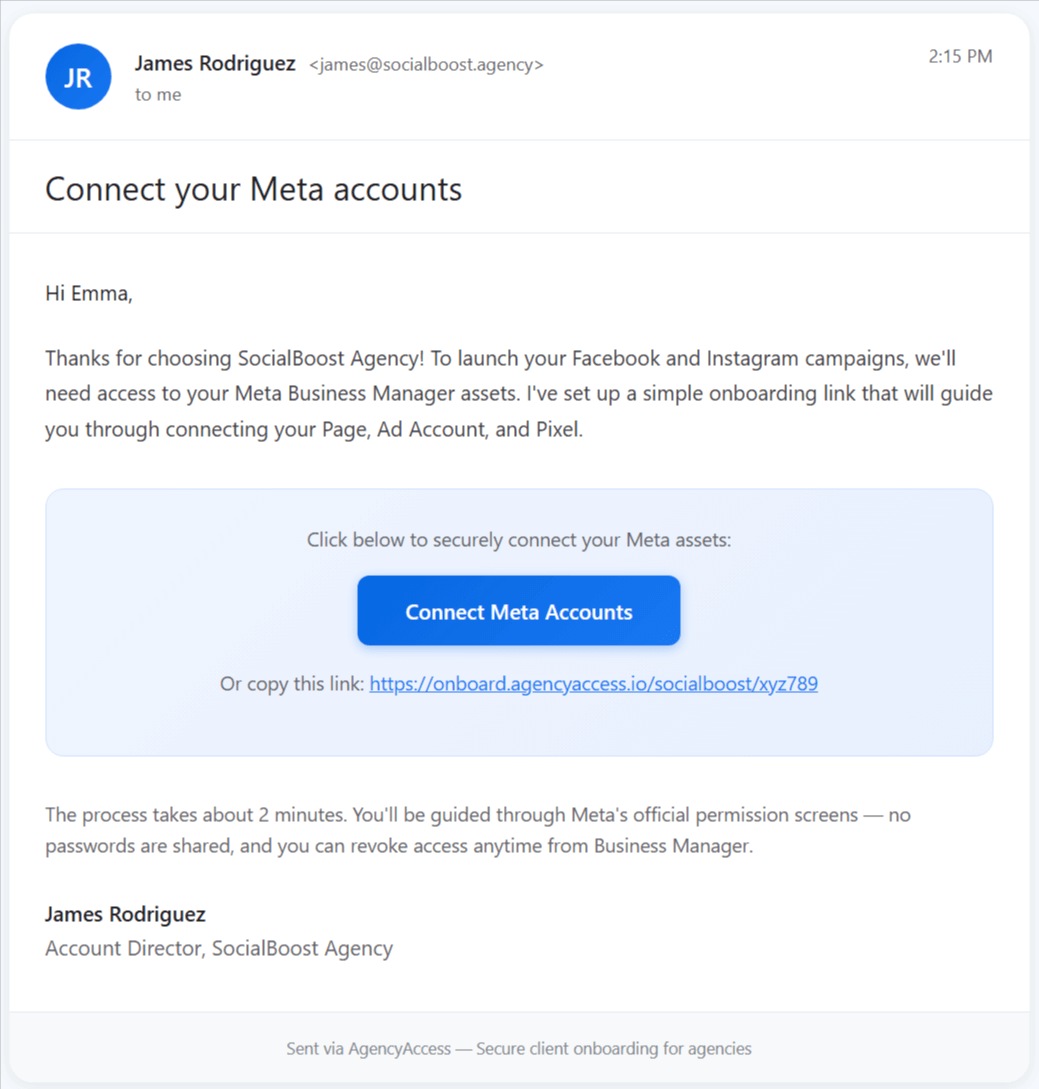 Sending Meta onboarding link via email