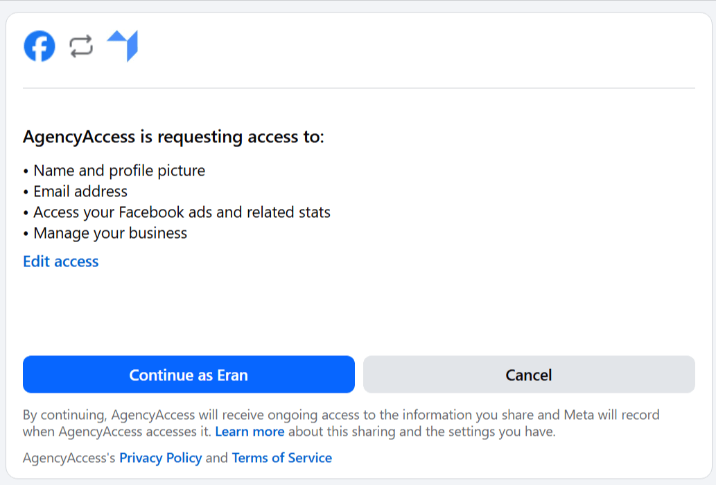 Meta OAuth permission screen